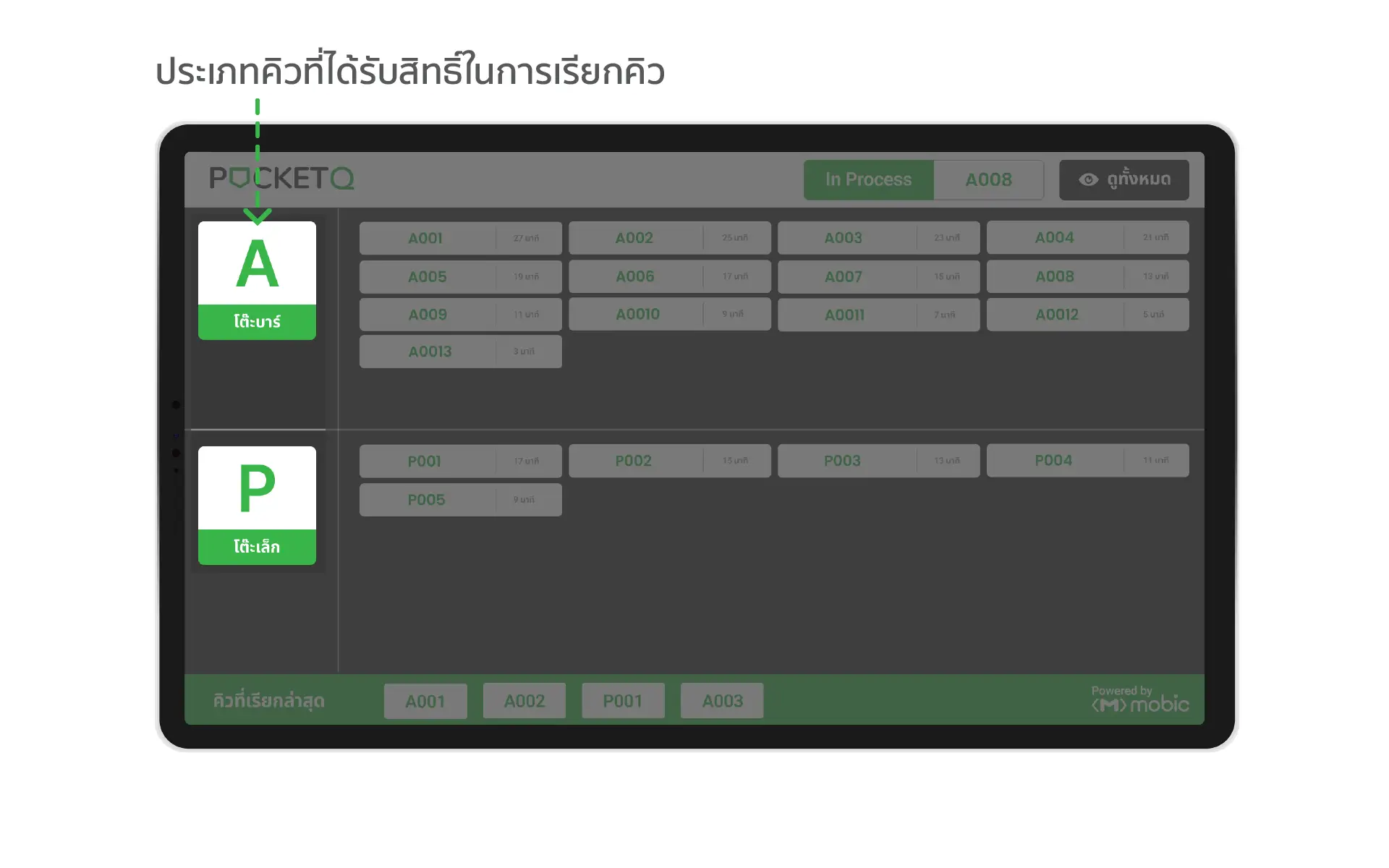 เครื่องเรียกคิวแต่ละเครื่องสามารถกำหนดสิทธิ์การอนุญาตให้เรียกประเภทคิวใดๆได้ตามต้องการ 