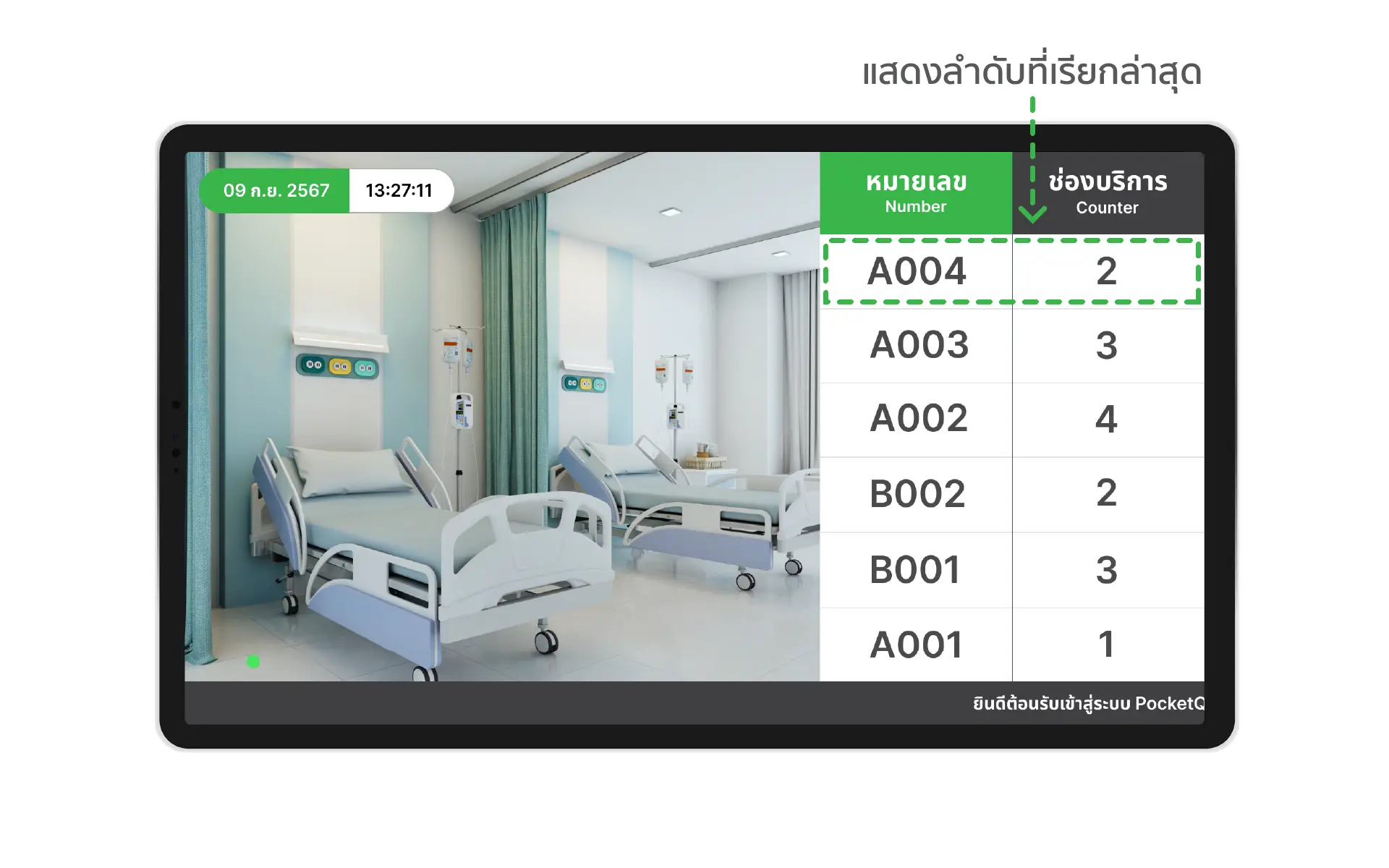 จอแสดงผลคิวจะทำหน้าที่ในการแสดงผลคิว, ส่งเสียงเรียกคิวเมื่อได้รับสัญญาณจาก Server (เครื่องแม่ข่าย) อีกทั้งยังสามารถแสดงวันที่และเวลาปัจจุบัน, ภาพสื่อ และ ข้อความวิ่งได้อิสระ